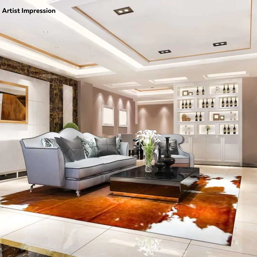 Elegant living room with blue ottoman